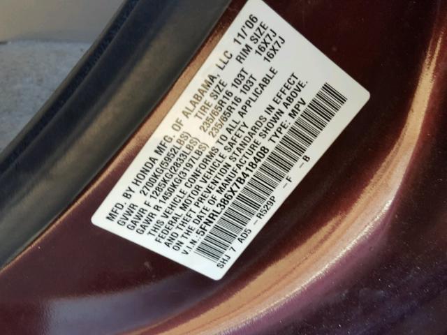 5FNRL386X7B418408 - 2007 HONDA ODYSSEY EX BURGUNDY photo 10