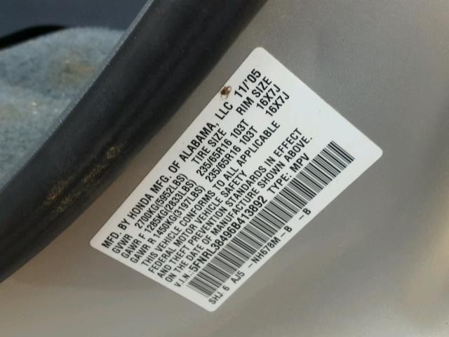 5FNRL38496B413892 - 2006 HONDA ODYSSEY EX SILVER photo 10