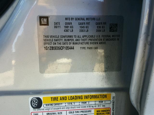 1G1ZB5E09CF105444 - 2012 CHEVROLET MALIBU LS ნაცრისფერი ფოტო 10