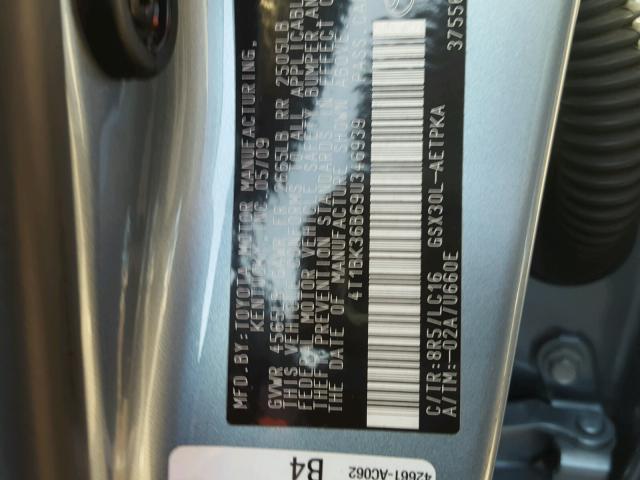 4T1BK36B69U346939 - 2009 TOYOTA AVALON XL BLUE photo 10