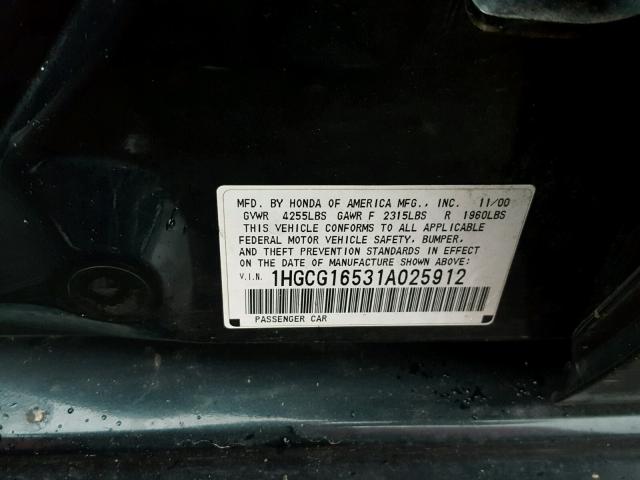 1HGCG16531A025912 - 2001 HONDA ACCORD EX GREEN photo 10