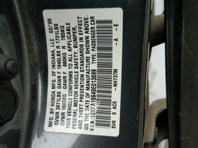 19XFA16649E013699 - 2009 HONDA CIVIC GRAY photo 10