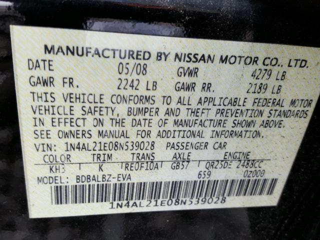 1N4AL21E08N539028 - 2008 NISSAN ALTIMA 2.5 BLACK photo 10