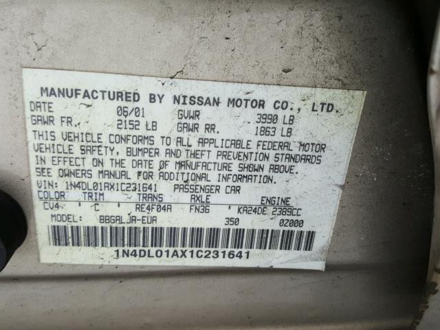 1N4DL01AX1C231641 - 2001 NISSAN ALTIMA GXE BEIGE photo 10