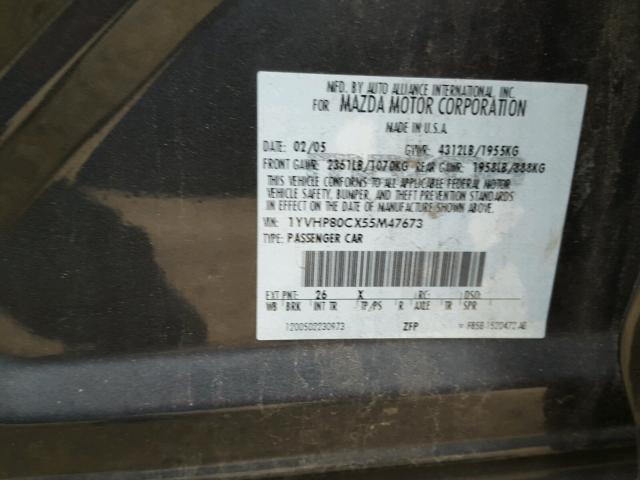 1YVHP80CX55M47673 - 2005 MAZDA 6 I GRAY photo 10