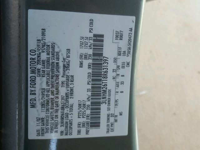 3LNHM26T18R631397 - 2008 LINCOLN MKZ GREEN photo 10