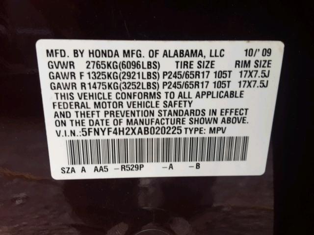 5FNYF4H2XAB020225 - 2010 HONDA PILOT LX BURGUNDY photo 10