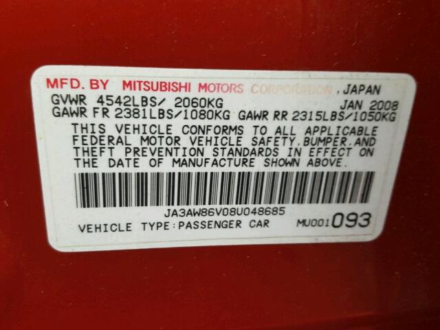 JA3AW86V08U048685 - 2008 MITSUBISHI LANCER EVO RED photo 10