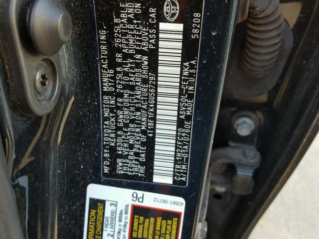 4T1BF1FK4GU567297 - 2016 TOYOTA CAMRY LE შავი ფოტო 10