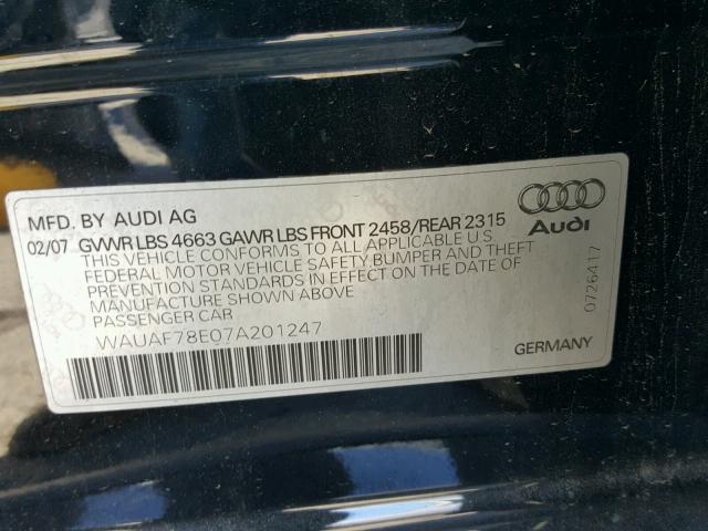 WAUAF78E07A201247 - 2007 AUDI A4 2 BLACK photo 10