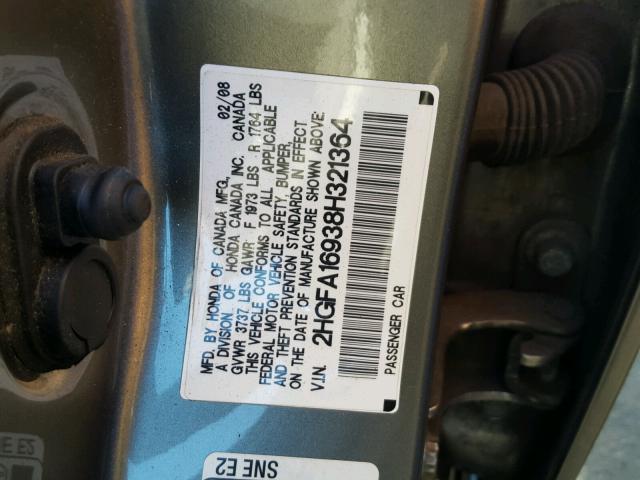 2HGFA16938H321364 - 2008 HONDA CIVIC EXL GRAY photo 10