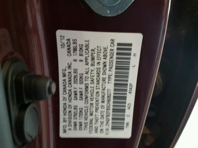 2HGFB2F85CH606277 - 2012 HONDA CIVIC EX BURGUNDY photo 10