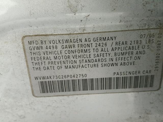 WVWAK73C26P042750 - 2006 VOLKSWAGEN PASSAT 2.0 SILVER photo 10