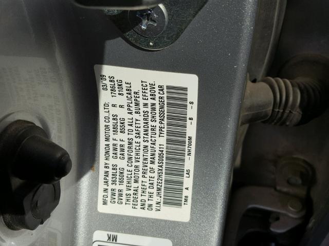 JHMZE2H5XAS005411 - 2010 HONDA INSIGHT LX SILVER photo 10