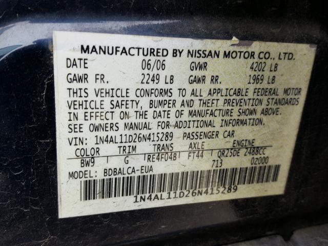 1N4AL11D26N415289 - 2006 NISSAN ALTIMA S BLUE photo 10