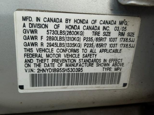 2HNYD18955H530395 - 2005 ACURA MDX TOURIN SILVER photo 10