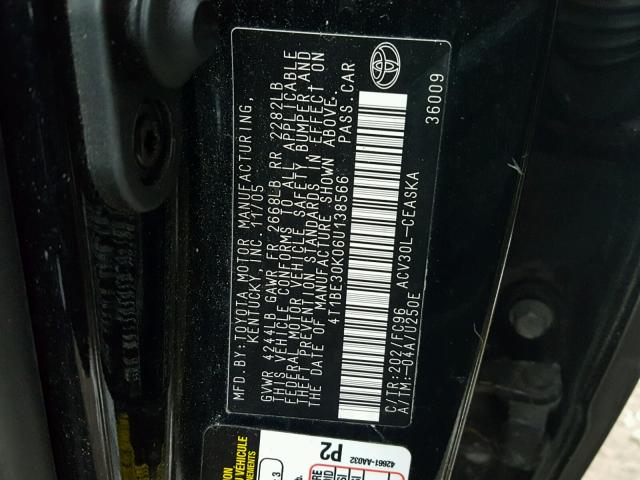 4T1BE30K06U138566 - 2006 TOYOTA CAMRY LE BLACK photo 10