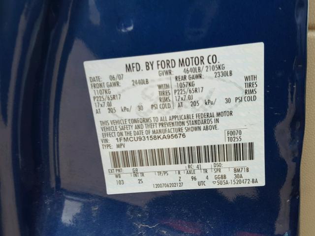 1FMCU93158KA95676 - 2008 FORD ESCAPE XLT BLUE photo 10