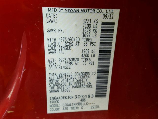 1N6AA0EK3CN303483 - 2012 NISSAN TITAN S RED photo 10