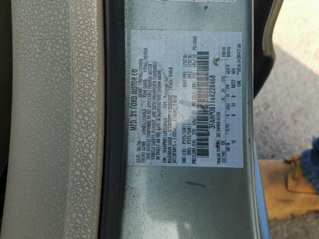 3FAHP08116R228468 - 2006 FORD FUSION SEL GRAY photo 10