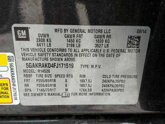 5GAKRAKD4FJ171519 - 2015 BUICK ENCLAVE გრაფიტი ფოტო 10