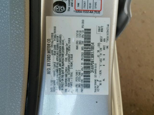 3FAHP08138R178854 - 2008 FORD FUSION SEL SILVER photo 10