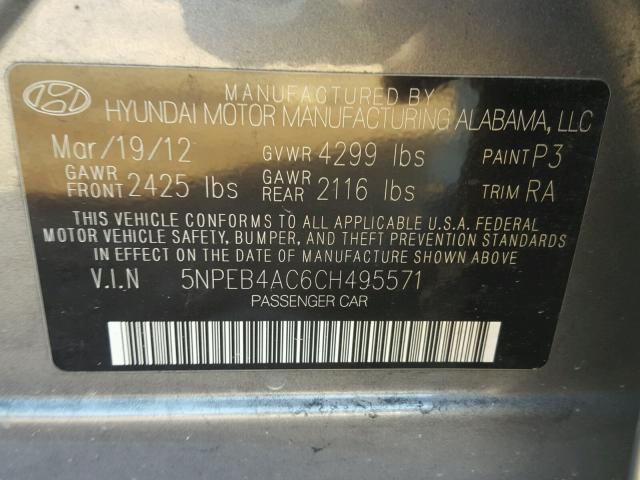 5NPEB4AC6CH495571 - 2012 HYUNDAI SONATA GLS SILVER photo 10