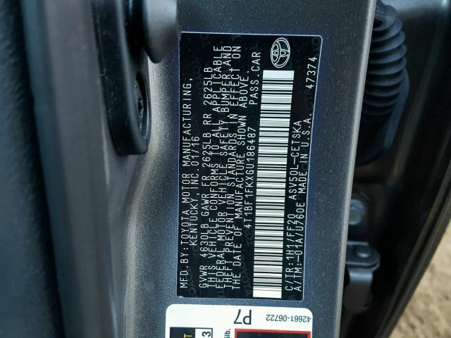 4T1BF1FKXGU186487 - 2016 TOYOTA CAMRY LE ნაცრისფერი ფოტო 10