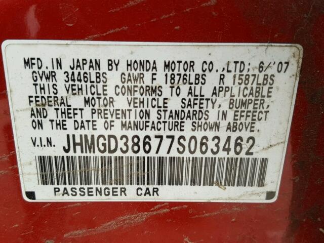 JHMGD38677S063462 - 2007 HONDA FIT S RED photo 10