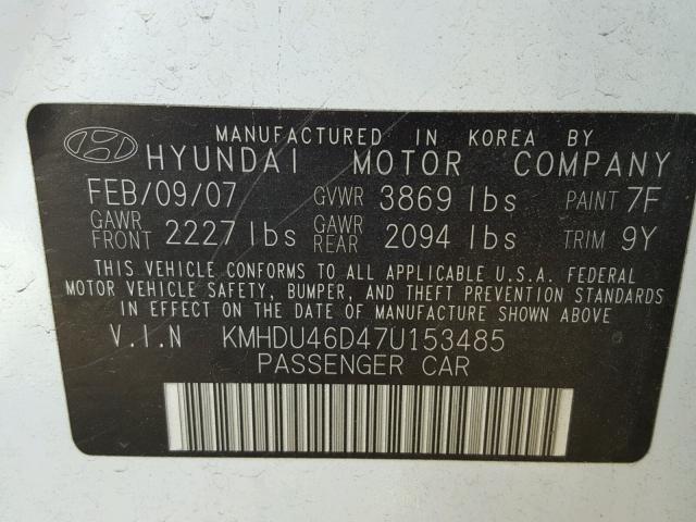 KMHDU46D47U153485 - 2007 HYUNDAI ELANTRA GL WHITE photo 10