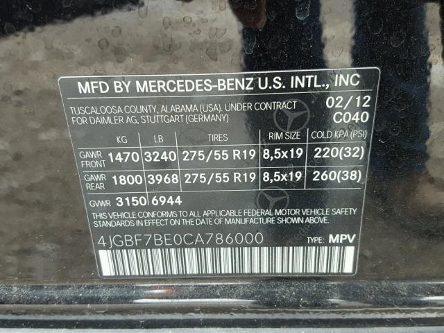 4JGBF7BE0CA786000 - 2012 MERCEDES-BENZ GL 450 4MA BLACK photo 10