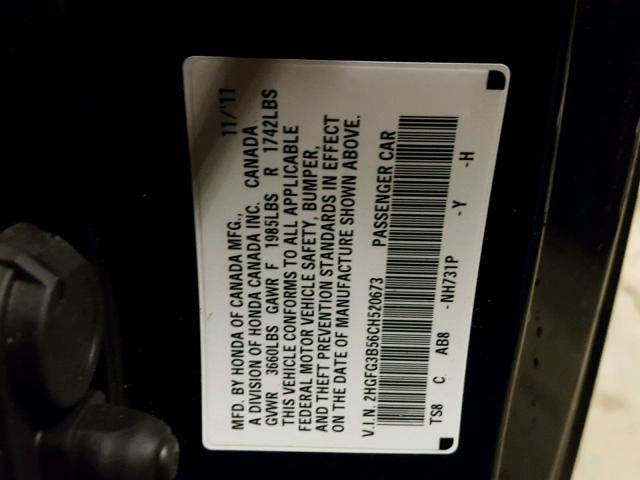 2HGFG3B56CH520673 - 2012 HONDA CIVIC LX BLACK photo 10