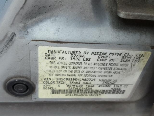 3N1CB51D04L480719 - 2004 NISSAN SENTRA 1.8 SILVER photo 10