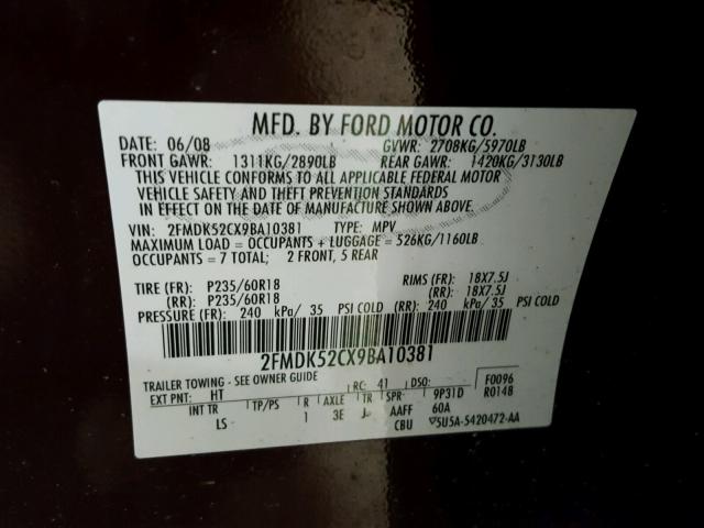 2FMDK52CX9BA10381 - 2009 FORD FLEX SEL PURPLE photo 10