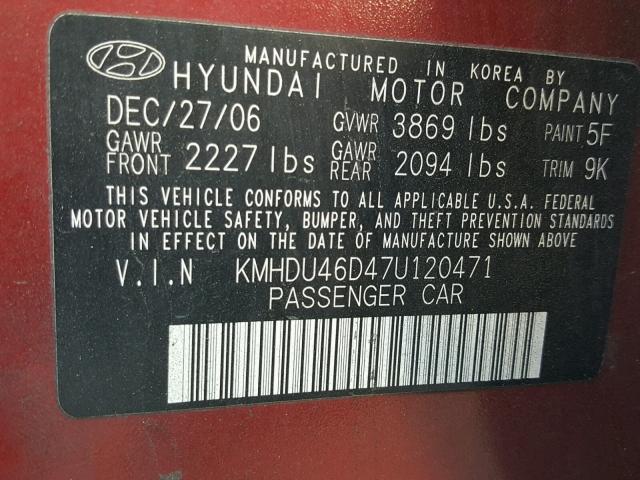 KMHDU46D47U120471 - 2007 HYUNDAI ELANTRA GL RED photo 10