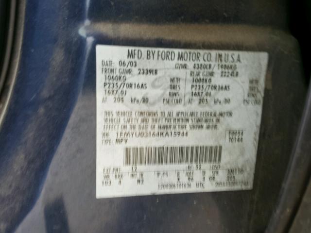 1FMYU03164KA15944 - 2004 FORD ESCAPE XLT BLUE photo 10