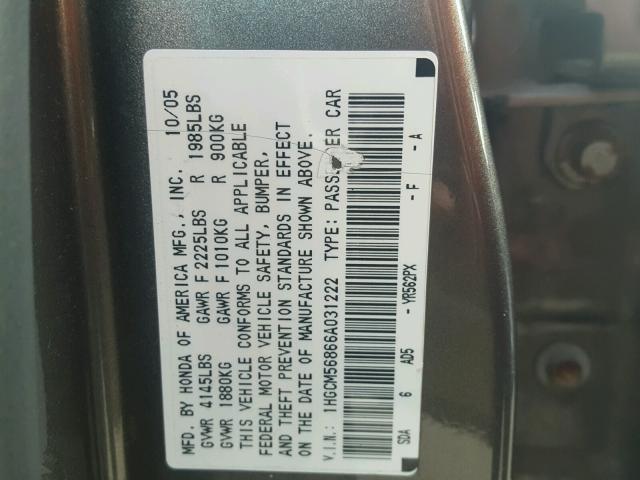 1HGCM56866A031222 - 2006 HONDA ACCORD EX GRAY photo 10