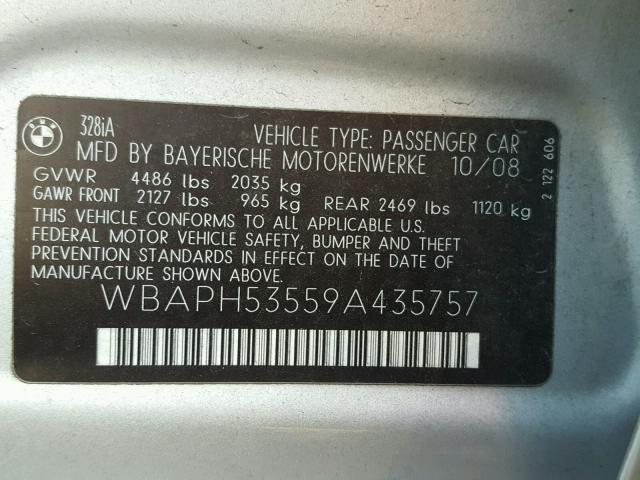 WBAPH53559A435757 - 2009 BMW 328 I SULE SILVER photo 10