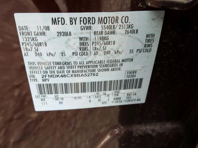 2FMDK48CX9BA52762 - 2009 FORD EDGE SEL MAROON photo 10