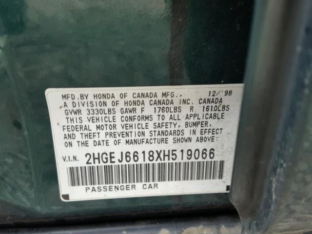 2HGEJ6618XH519066 - 1999 HONDA CIVIC BASE 绿色 照片 10