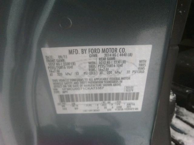 1FMCU0D71CKA73357 - 2012 FORD ESCAPE XLT BLUE photo 10