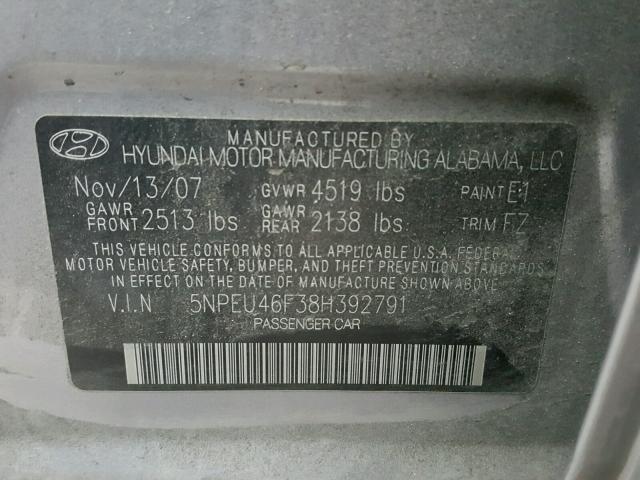 5NPEU46F38H392791 - 2008 HYUNDAI SONATA SE GRAY photo 10