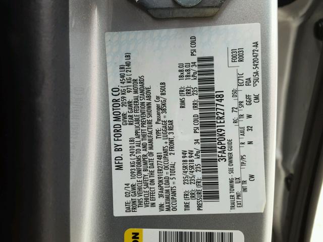 3FA6P0K91ER277481 - 2014 FORD FUSION TIT SILVER photo 10