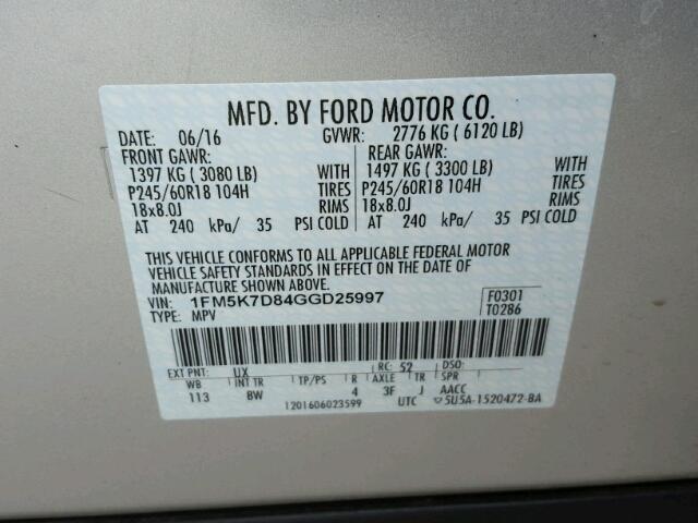 1FM5K7D84GGD25997 - 2016 FORD EXPLORER X SILVER photo 10