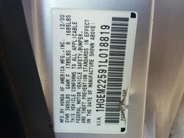 1HGEM22591L018819 - 2001 HONDA CIVIC LX SILVER photo 10