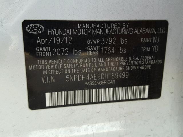 5NPDH4AE9DH169499 - 2013 HYUNDAI ELANTRA GL WHITE photo 10