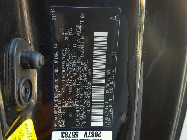 5TDYK3DCXCS219889 - 2012 TOYOTA SIENNA XLE BLACK photo 10