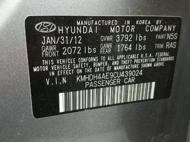 KMHDH4AE9CU439024 - 2012 HYUNDAI ELANTRA GL SILVER photo 10