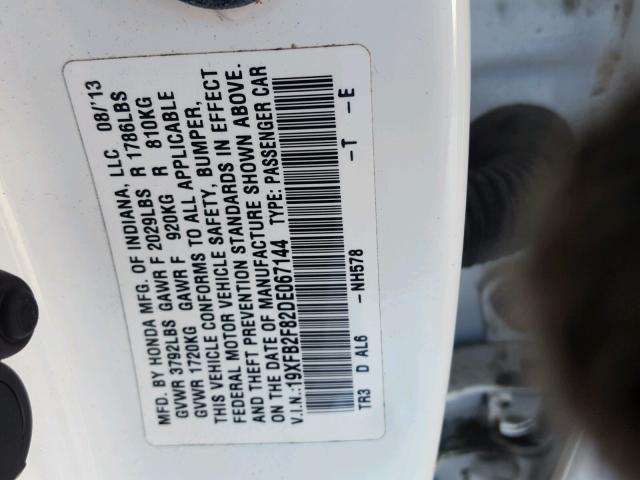 19XFB2F82DE067144 - 2013 HONDA CIVIC EX თეთრი ფოტო 10