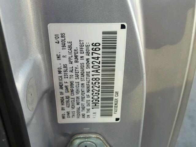 1HGCG22581A024766 - 2001 HONDA ACCORD EX SILVER photo 10